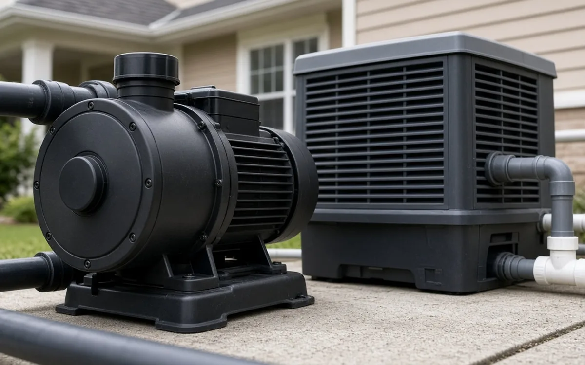 Black pool pump and a dark grey heat pump unit with white and grey pipes on a concrete patio