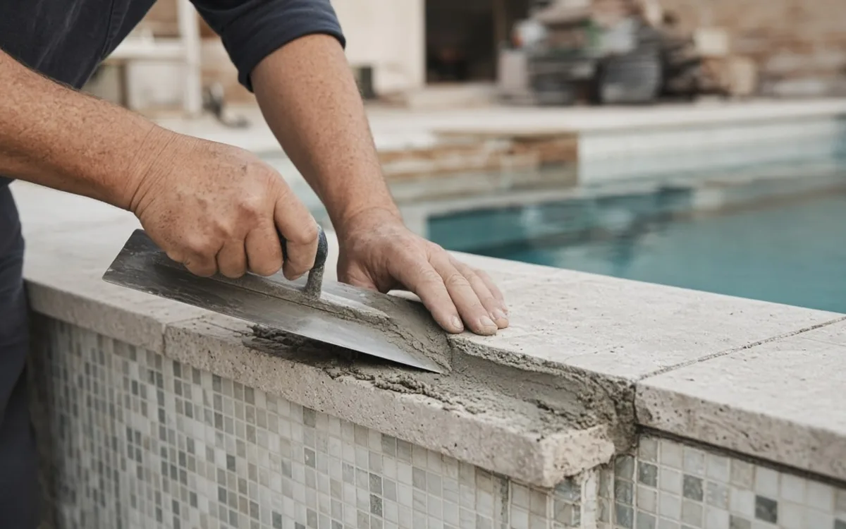 Hand trowel spreading mortar along concrete pool coping above a grey glass mosaic tile band