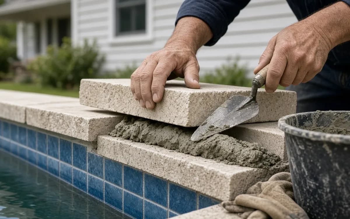 Hands setting a tan coping stone on fresh mortar with a trowel above a row of blue pool tile